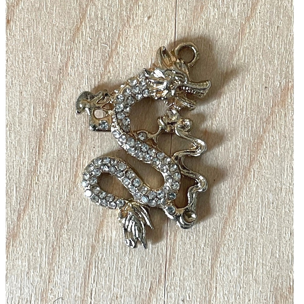 Gold Tone Rhinestone Dragon Pendant Charm Mythical Animal Jewelry 1.25 Inch